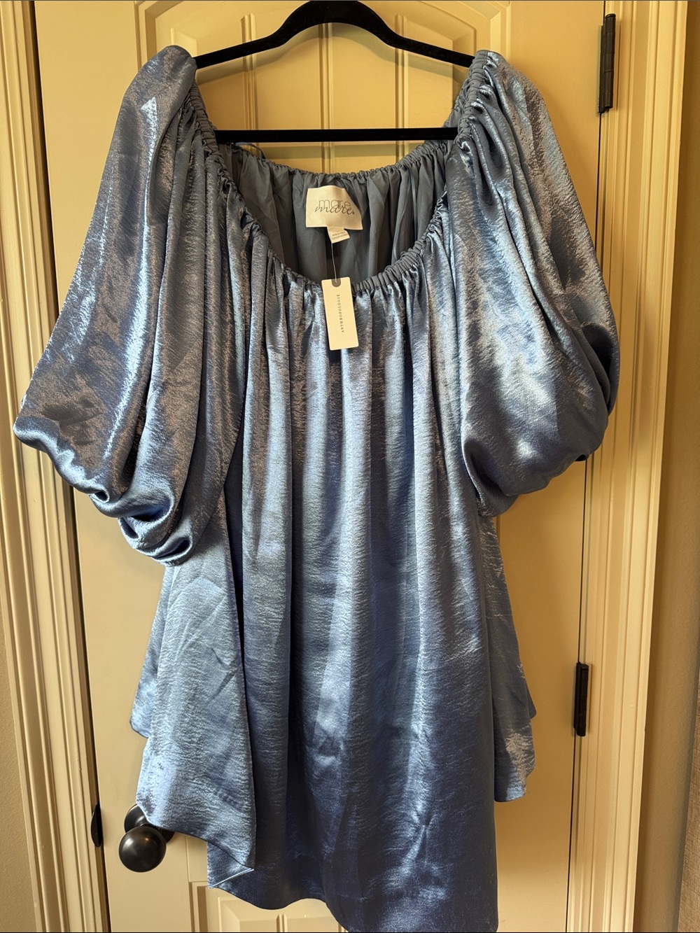 Anthropologie Mare Mare Off-The-Shoulder Puff-Sleeve Shine Mini Dress